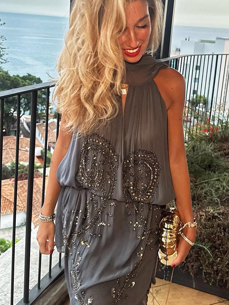 Elegante Abito Lungo con Paillettes e Scollo all'Americana - Nuovi Arrivi Autunno 2025, Stile Europeo e Americano
