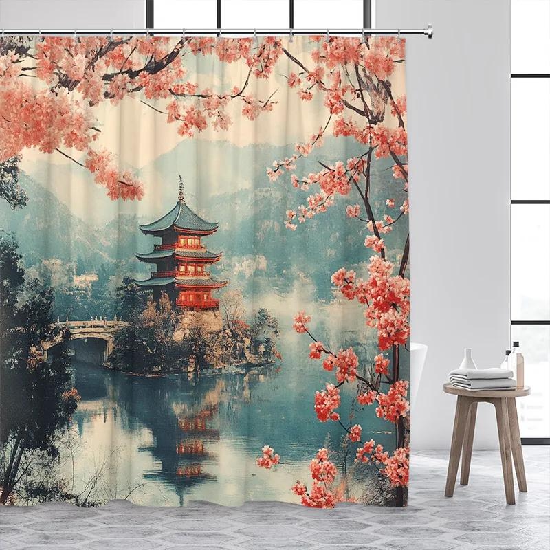 Japanese Style Shower Curtain Town Architecture Arch Bridge Pink Cherry Blossom Sunset Mountain Landscape Bathroom Curtain Decor
