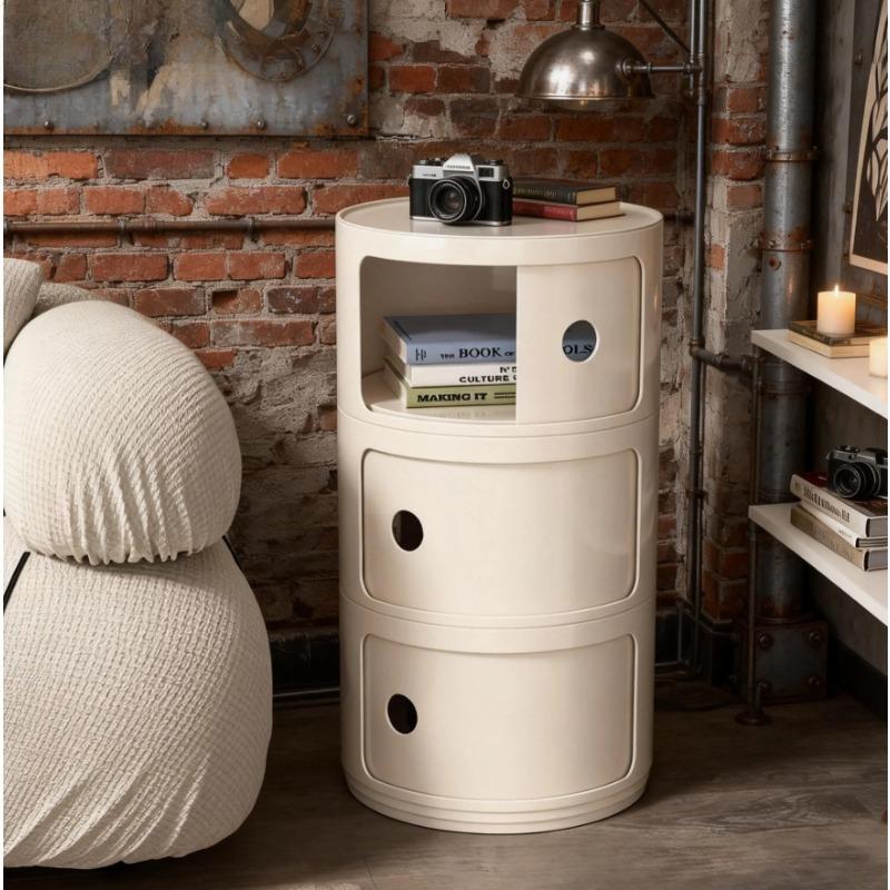 Modern White Plastic Circular Bedside Table - Creative Mini Storage Cabinet with Shelf, Simple & Space-Saving Nightstand