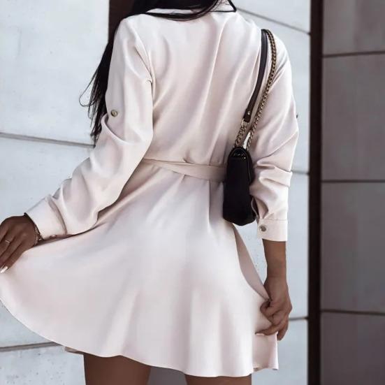 Turn-Down Collar Long Sleeve Women Dress Belt Solid Color Single Breasted Shirt Dress Female Clothing
