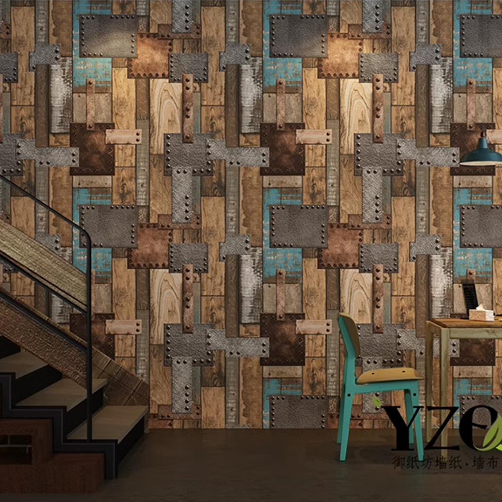 Industrial Retro Wood Grain Wallpaper for Restaurant Home Rivet Decor Papel De Parede Cafe Bar Wallcovering