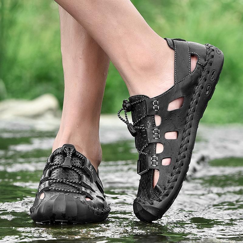 Men's Leather Casual Shoes, Breathable Outdoor Anti Slip Loafers, Men's Soft Soled Cowhide Beach Sandals, Summer Size 47 48