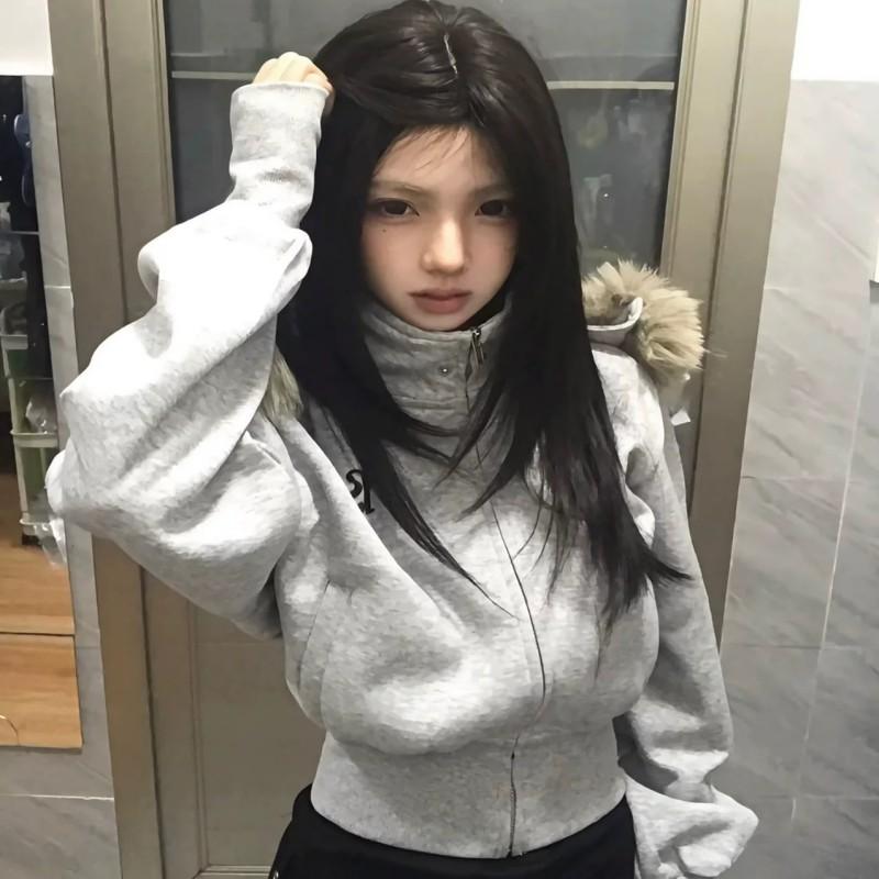 Womens Hooded Short Waisted Sweatshirt Jacket Detachable Fur Trim Streetwear