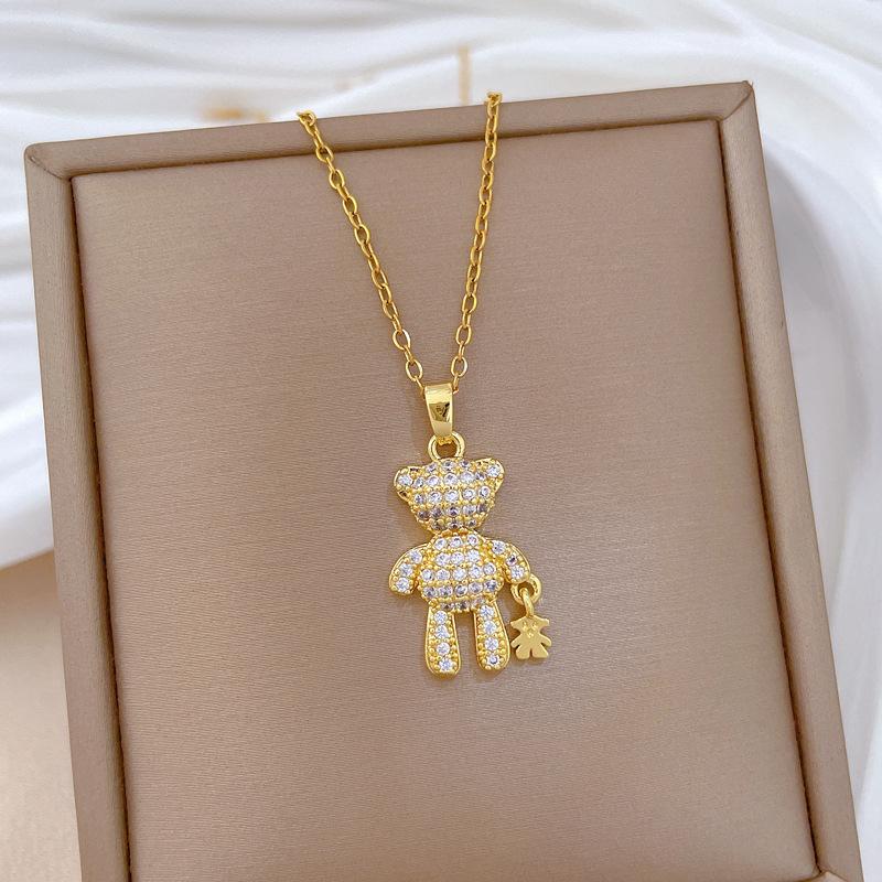 

Luxury Shiny Zircon Cute Bear Pendant Necklace for Women Girls Fashion Gold Color Stainless Steel Chain Jewelry Accessories Gift