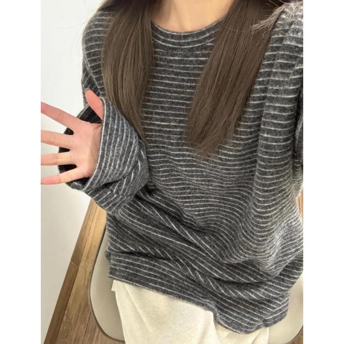 

2025 New Arrival Women’s Plush Top Striped Long-Sleeved T-Shirt – Winter Soft, Thick, and Cozy. Medium