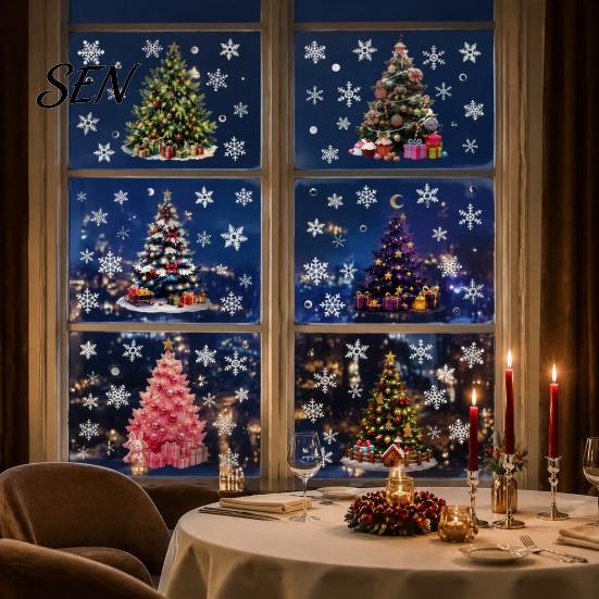 Holiday Glass Decals for Windows 6Pcs Colorful Christmas Tree Snowflake Static Window Sticker, PVC Cling, Removable Decal Decorative Stickers Parties
