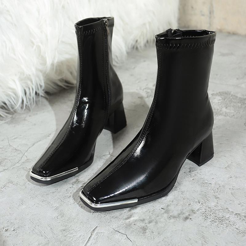 Thick Heel Women Ankle Boots Fashion Silvery Square Toe Autumn Winter Ladies Elegant Mordern Short Booties