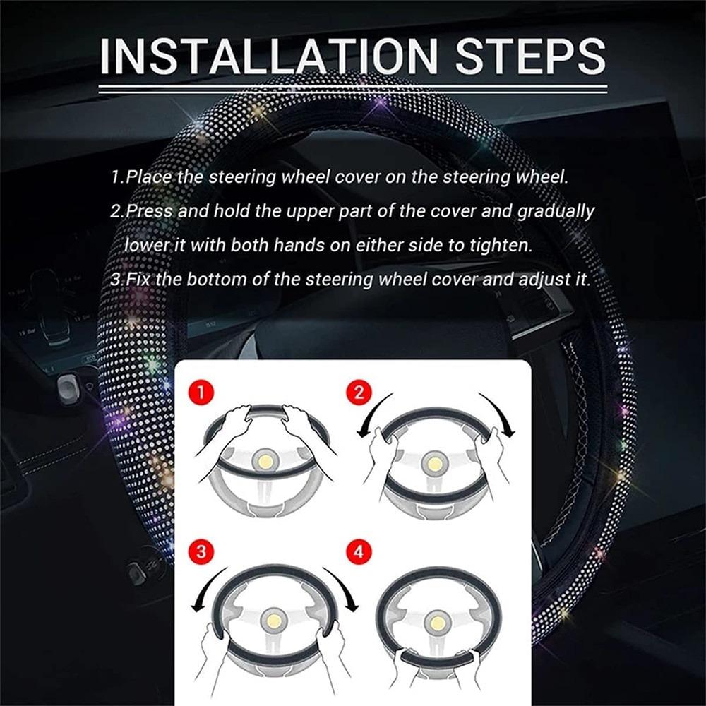 38cm Bling Rhinestones Steering Wheel Cover for Women Girl with Crystal Diamond Sparkling Car SUV Breathable Anti-Slip Universal Steering Wheel Covers