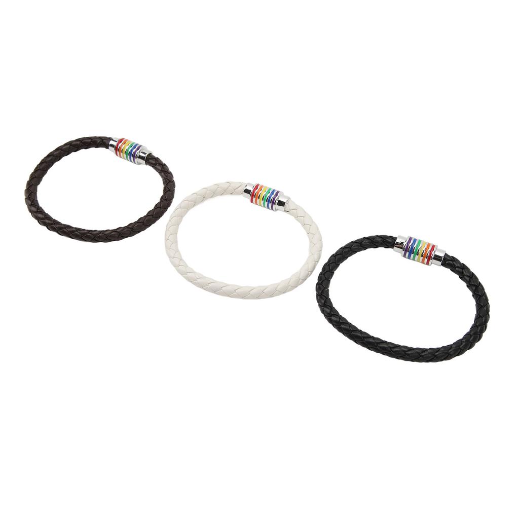 3PCS LGBTQ Bracelet Leather Stainless Steel Pride Woven Braided Magnet Lock Black Brown White LGBTQ Jewelry