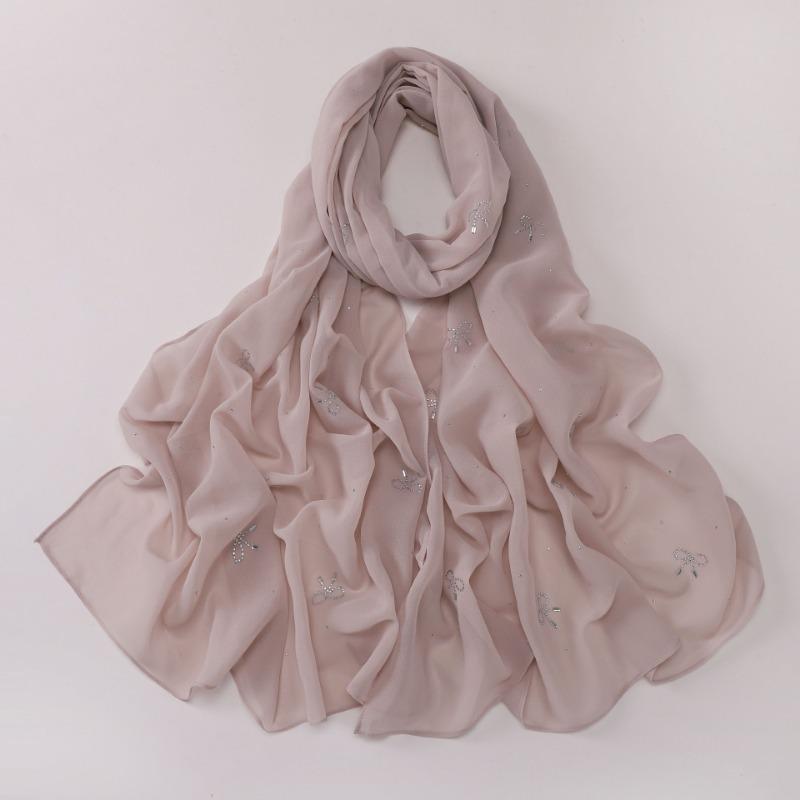 Pearl Chiffon Starry Bow Rhinestone Long Scarf Muslim Women Headscarf