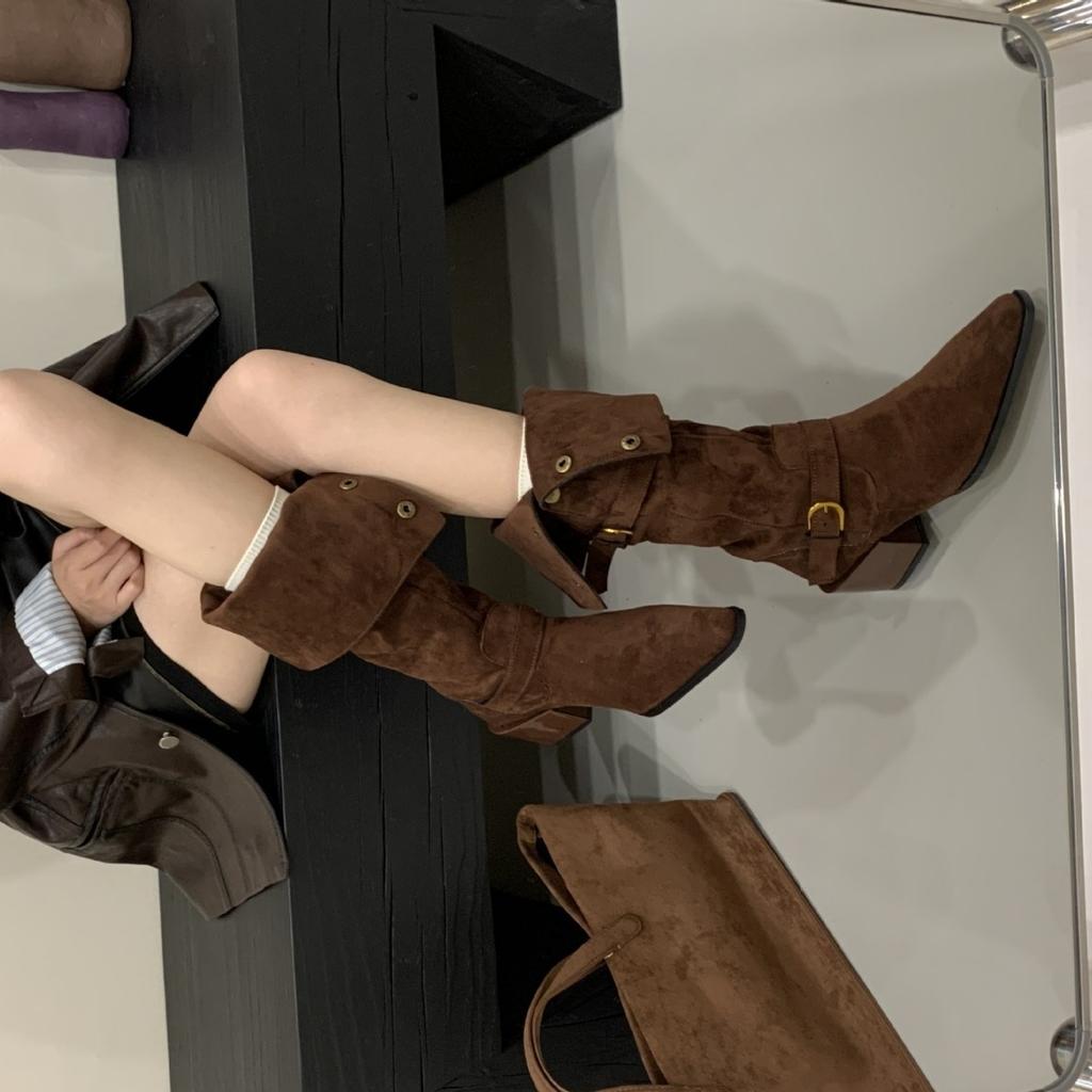 2025 New Square Head Thick Heel Belt Buckle Thick Heel Knight Boots Versatile Spice Girl Nightclub Women's Boots