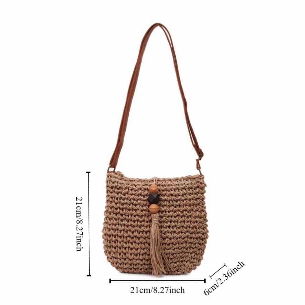 Pu Leather Weave Straw Crossbody Bag Wood Bead Tassels Beach Bag Fashion Raffia Bag  Shopping