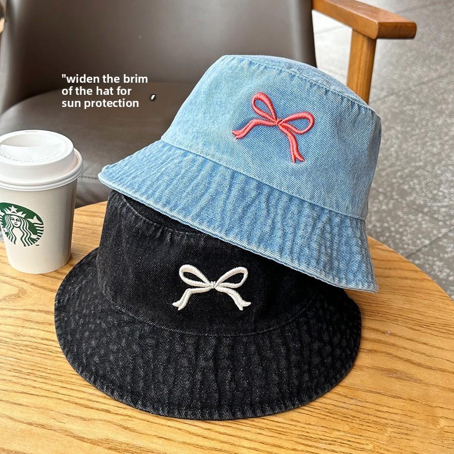 Bow Embroidered Denim Bucket Fisherman Hat Sun Protection Casual Outdoor Cap