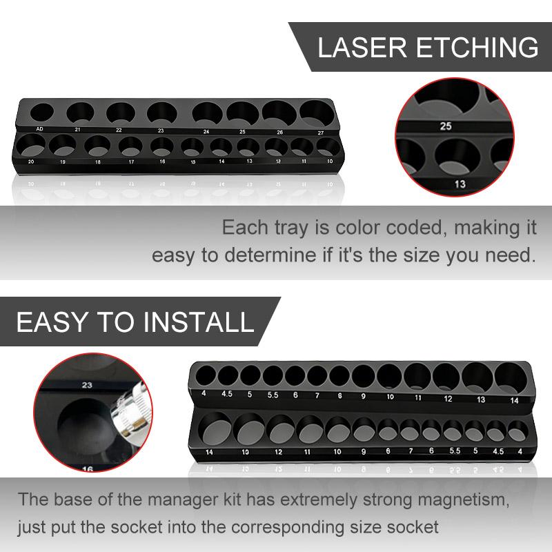 Magnetic Metric Socket Organizer Set 4-27mm Storage Tray Double-Row Tool Holder for 1/4 3/8 1/2 Drive Sockets Marine Boat Repair