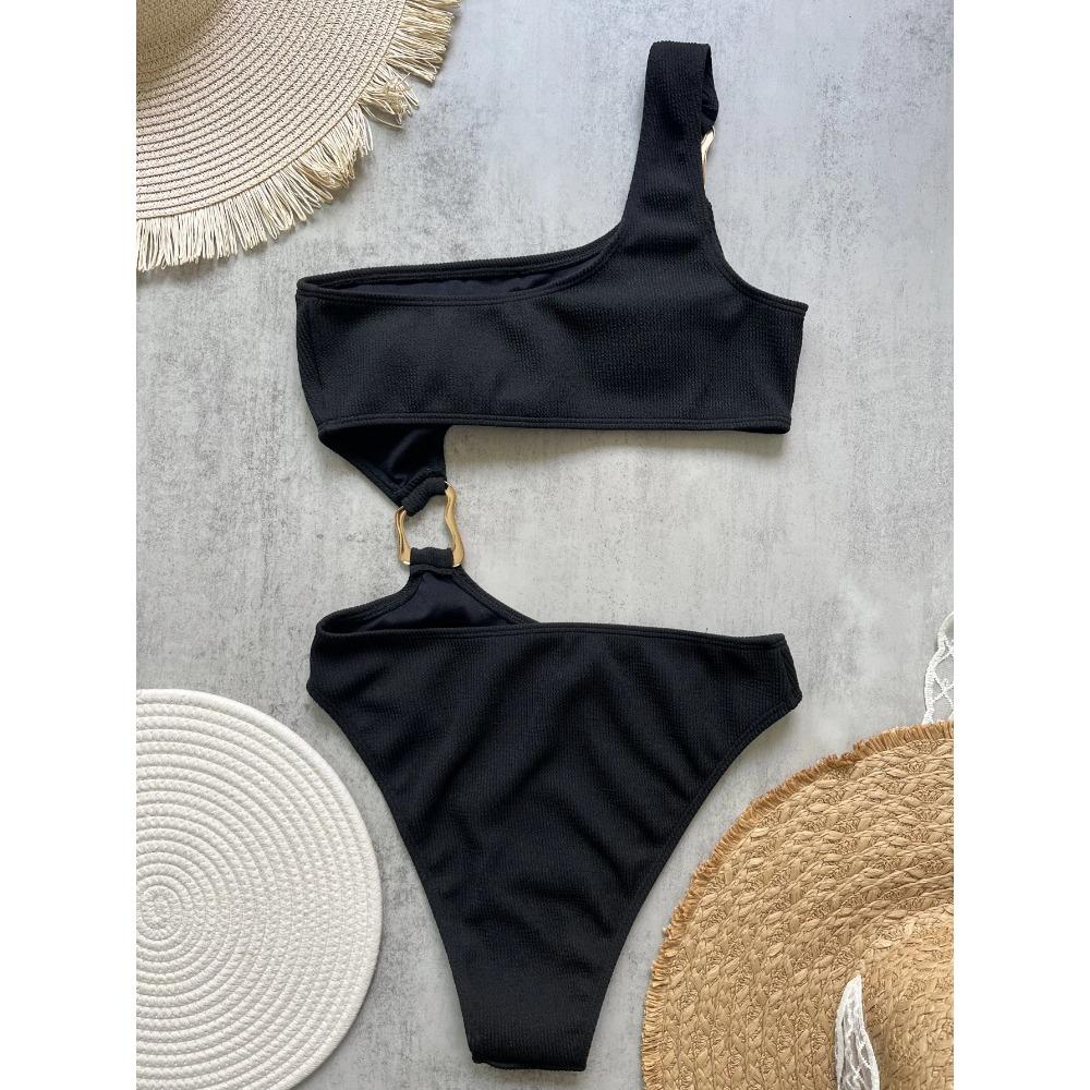 Women's One Piece Swimsuit Ring Cut Out Front High Cut Cheeky Bathing Suit Monokini Swimwear One Shoulder Ribbed Monokini