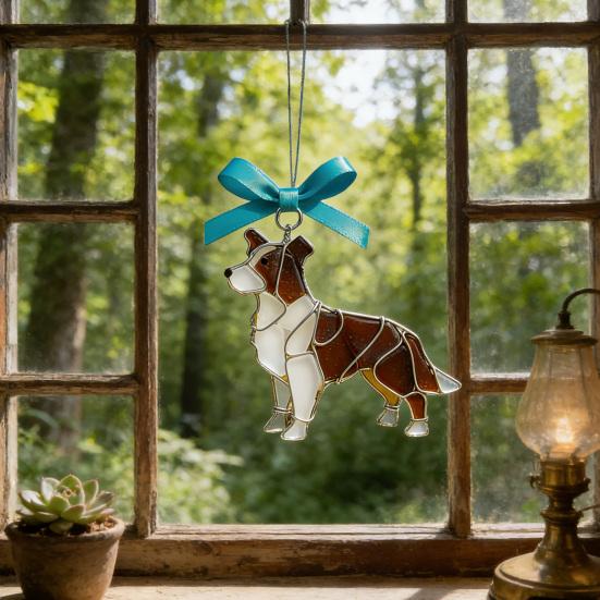 Colorful Dog Acrylic Suncatcher Stained Glass Corgi/Bulldog/Chihuahua Ornament Window Christmas Tree Hanging Decor with Bow Holiday Gift for Dogs