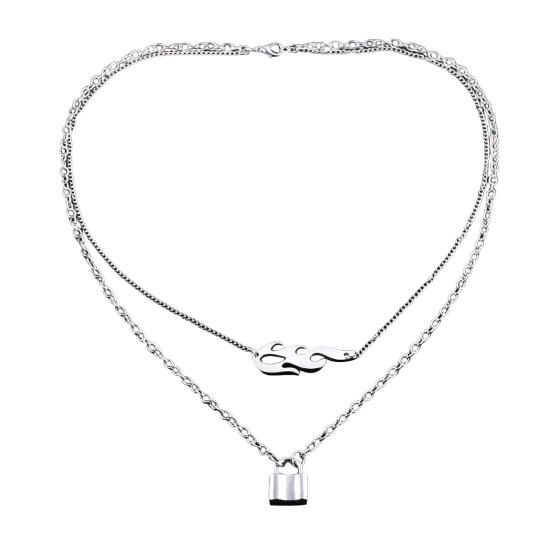 Hip Hop Flame Lock Necklace Streetwear Layered Chain Pendant