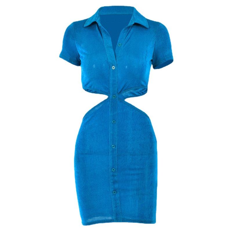 

Летнее женское однобортное однобортное платье с открытой талией в европейском и американском стиле с открытой талией и короткими рукавами. S синий
