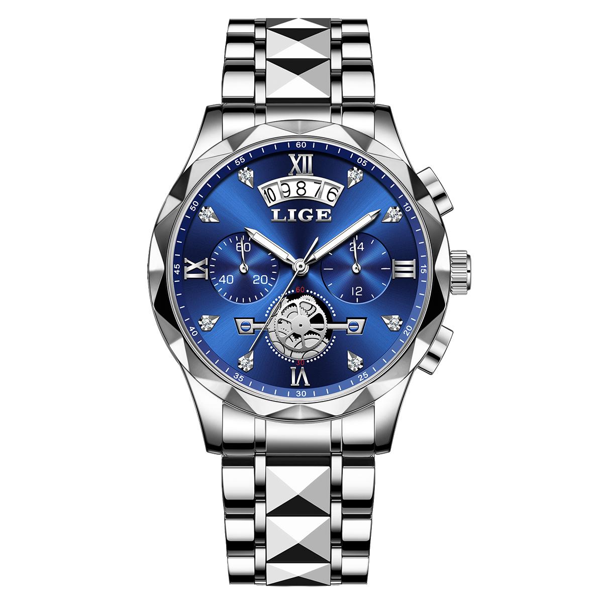 

LIGE Лучшие Новые Мужские Часы Оригинальные Модные Бизнес Водонепроницаемые Мужские Кварцевые Часы Из Нержавеющей Стали синий/серебряный