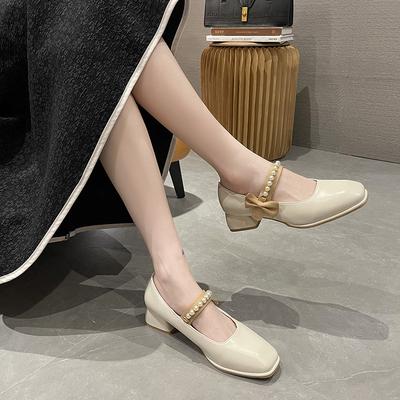 New Square Toe Thick Heel Shallow Mouth Bowknot Pearl Decoration Elegant Women's Shoes Sexy Fashion Casual Party Low Heels