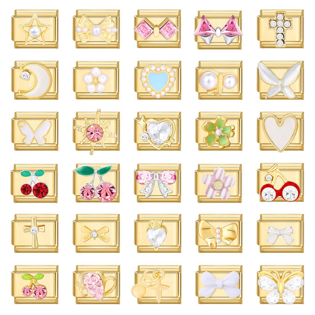 Zircon Cherry Heart Bow Knot Star Cross Gold Color Italian Charm Links Fit 9mm Stainless Steel Bracelet Women DIY Making Gifts