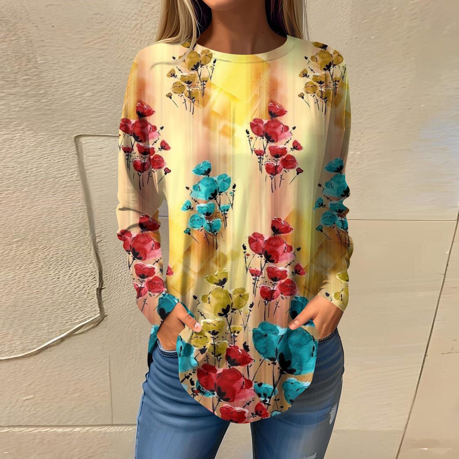 

Футболки для женщин, осенний повседневный модный топ с длинным рукавом, пуловер с принтом, топ L жёлтый