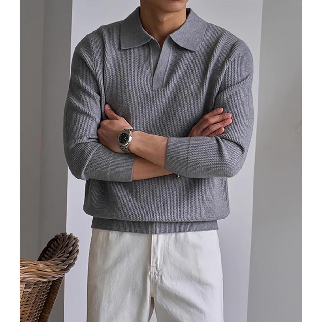 Men's Heavyweight V-Neck Knit Pullover Sweater - Autumn/Winter Warm Long Sleeve Polo Outerwear