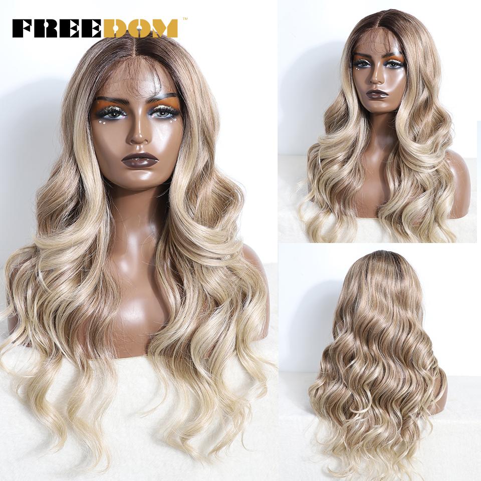 FREEDOM Synthetic Lace Front Wigs For Women 26 Inches Body Wave Wig Ombre Brown Blonde Lace Wig Synthetic Highlight Cosplay Wig