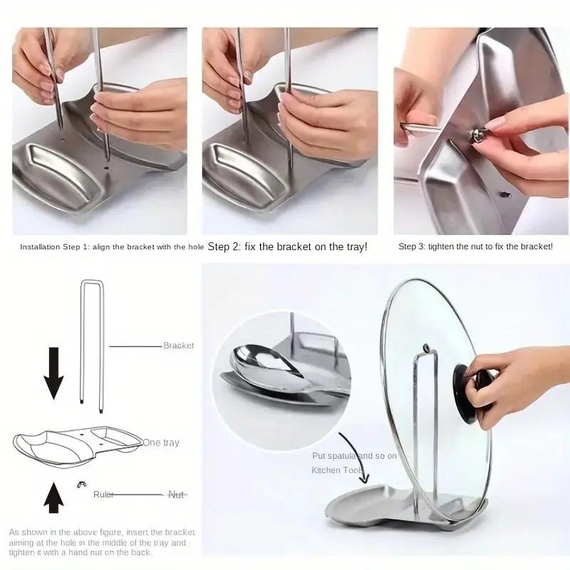 Stainless Steel Lid & Spoon Holder with Drip Tray, Detachable Pot Lid Organizer for Kitchen Storage