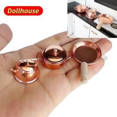 3Pcs/Set Dollhouse Frying Pan Soup Pot Kettle Set Doll Home Kitchen Cookware Decoration Dolls House Living Scene Accessories