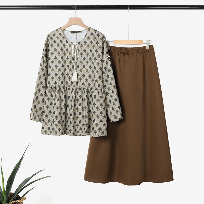 

ZANZEA Женский свободный блузон с принтом и длинные юбки повседневные комплекты-двойки коричневый