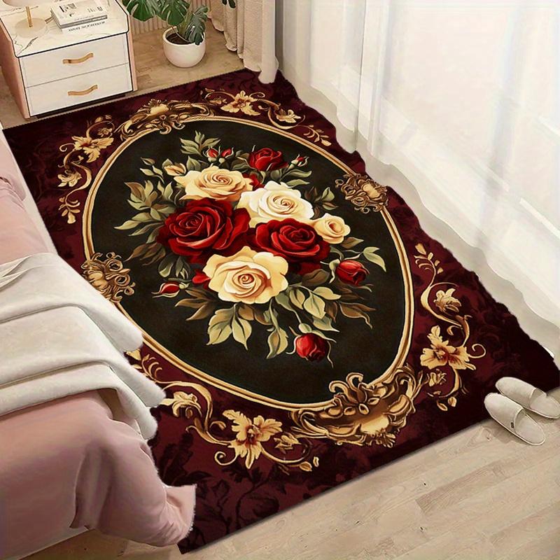 Vintage Floral Rug - Luxury Red & White Rose Design, Polyester Large Area Carpet for Entryway, Living Room & Bedroom