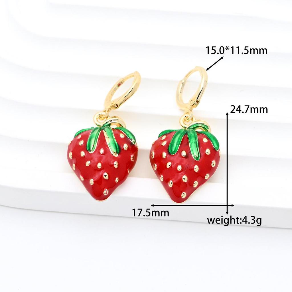 Gold-Plated Copper Strawberry Earrings with Zirconia Drip Oil - DIY Jewelry.