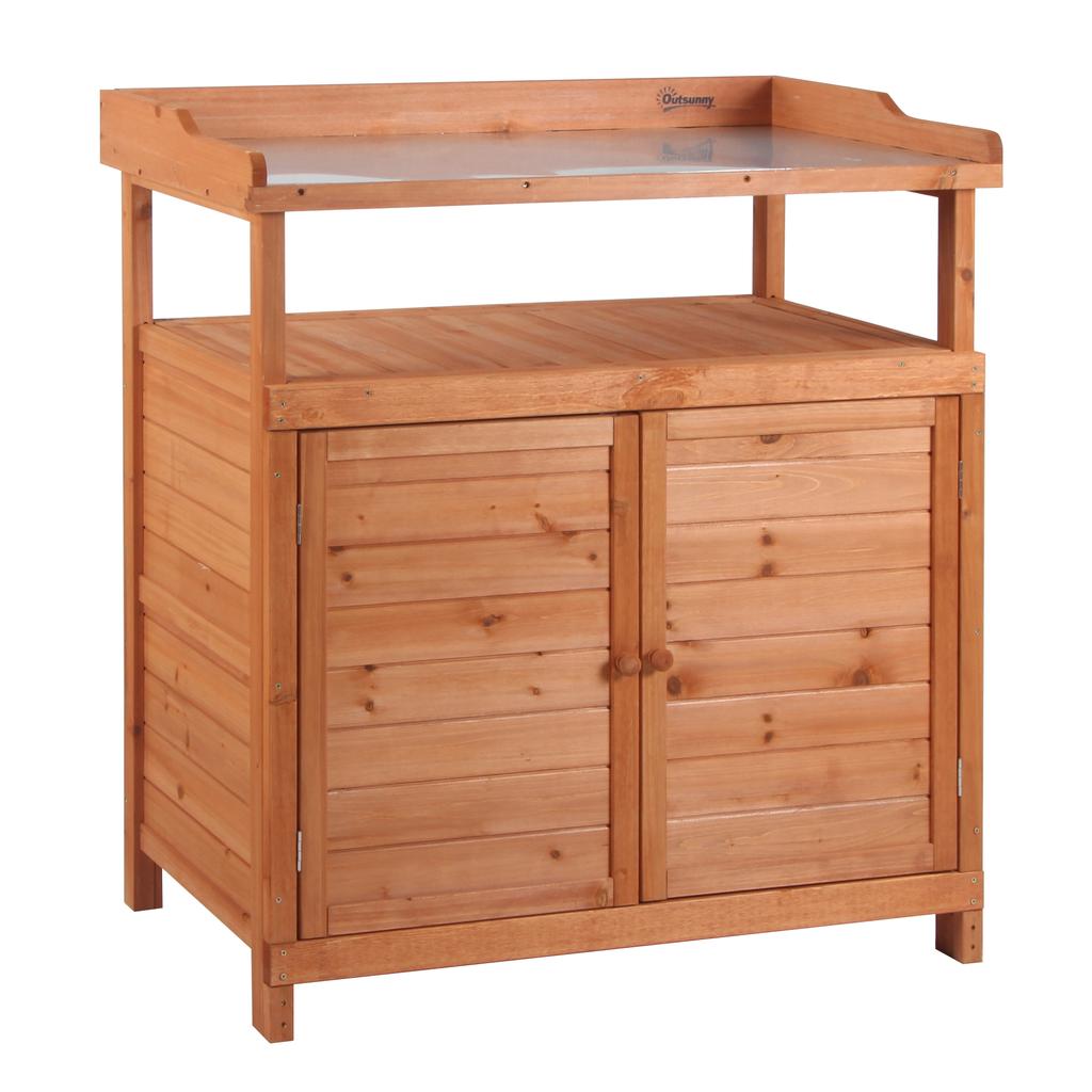 Multi-function Potting Bench Table W/ Storage Cabinet and Galvanized Table Top, Wooden Planting Workstation, 98cm X 47cm X 105cm