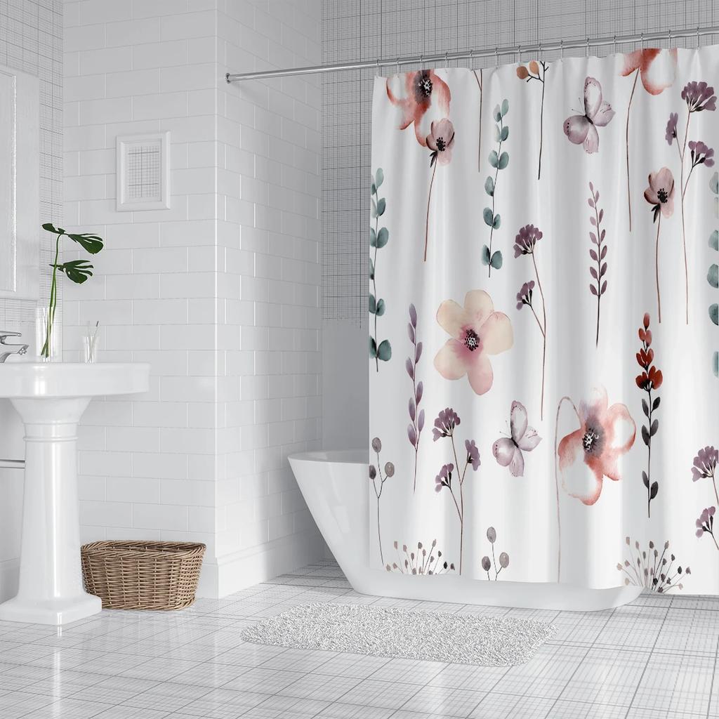 1 Piece Of 180X180Cm Pink Ink Floral Digital Printing Shower Curtain Partition, Bathroom Waterproof And Mold Resistant