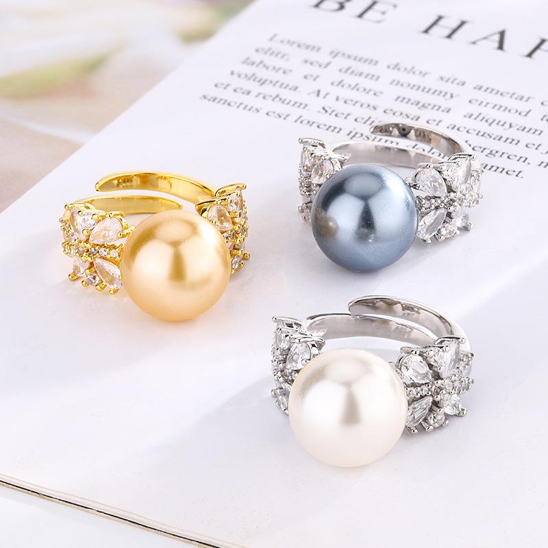 4 Jewelry Copper Platinum Plated Row Ring Pearl Temperament Light Luxury Women'S Ring 14Mm