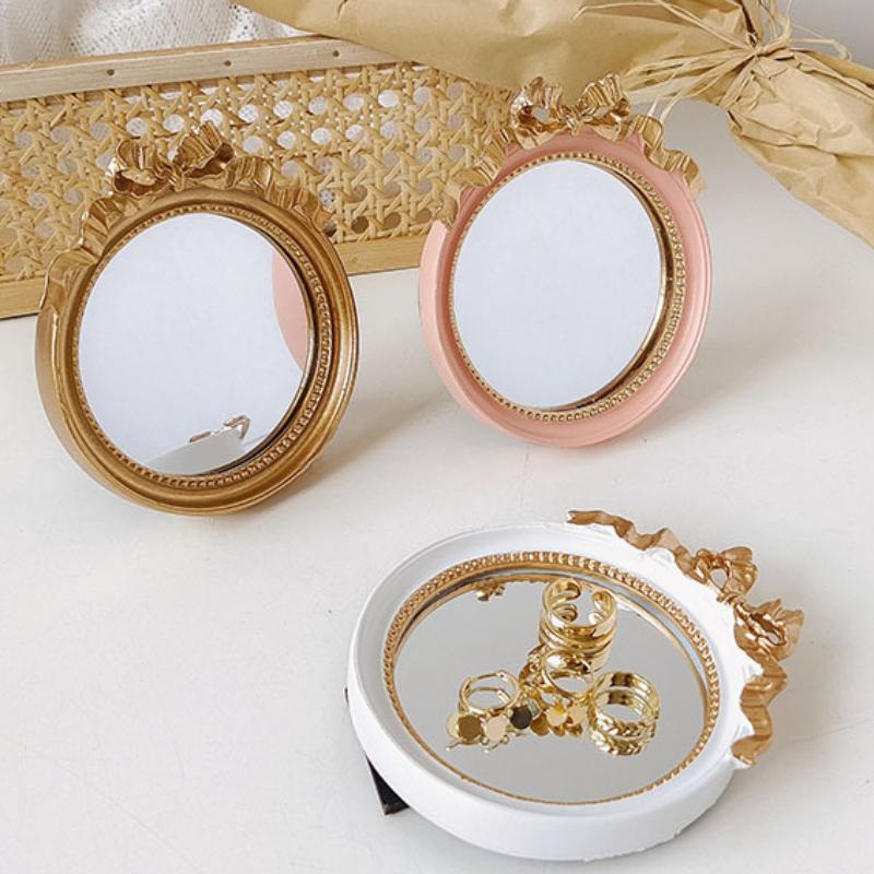 Miroir Rond Rétro avec Nœud Papillon Style Européen Miroirs Décoratifs en Anaglyphe Miroirs à Main de Style Baroque pour Femmes Décoration d'Intérieur
