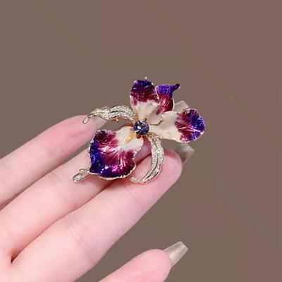 French Light Luxury Enamel Iris Brooch Women's Flower Pin Slightly Inlaid Zircon Brooch Accessories
