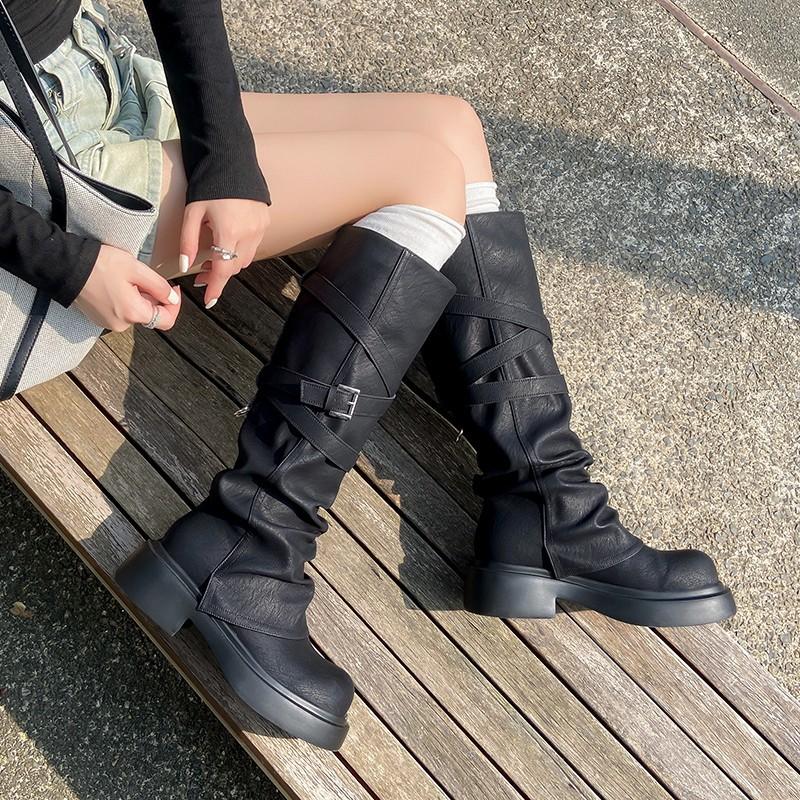 Yueyu Wasteland Wind Brown Maillard High Heel Platform Knight Boots Women's Long Boots Martin Boots Wrinkled Tall Boots