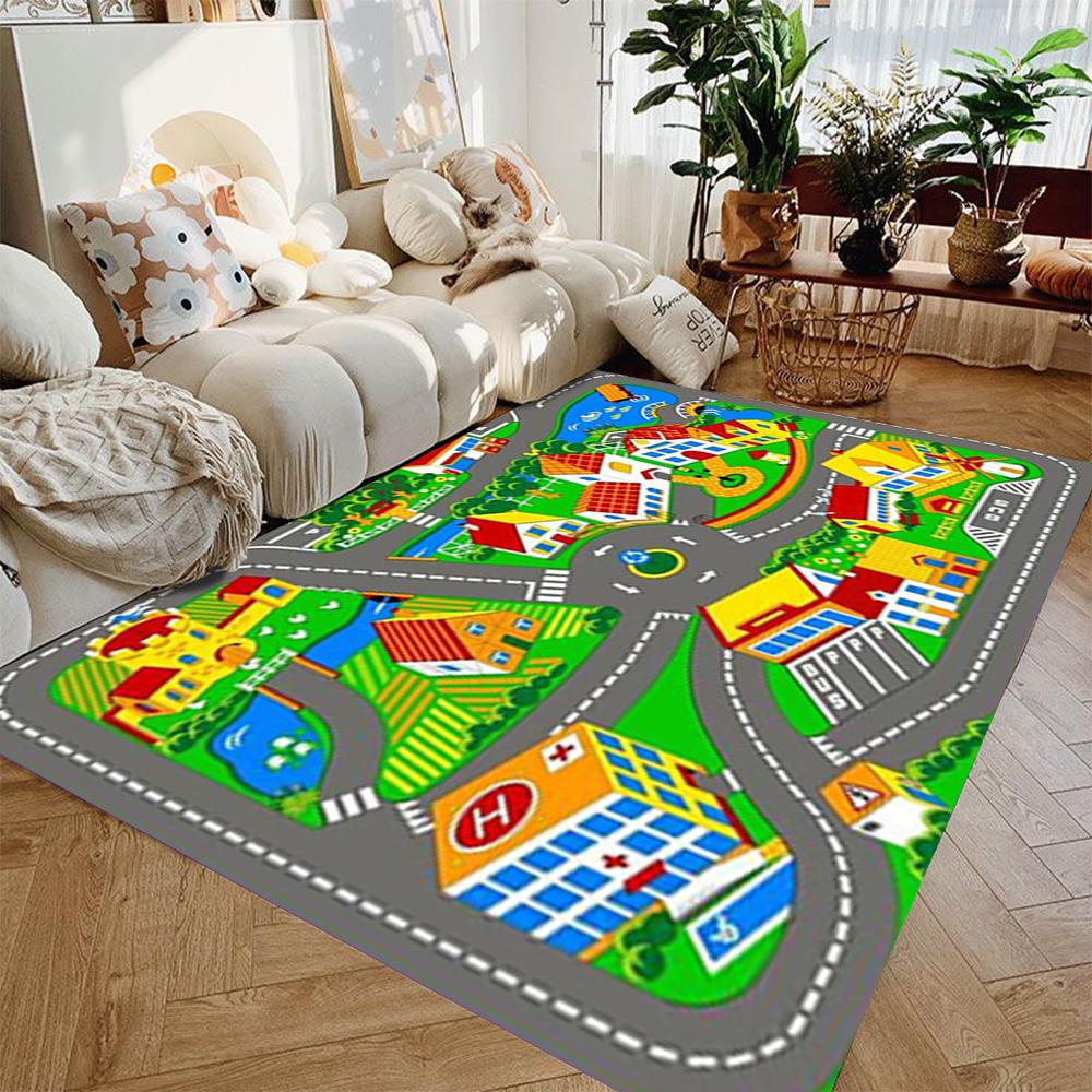 Interactive City Highway Play Mat for Kids Toy Cars Non Slip Floor Rug Educational Playroom Carpet for Boys Girls Bedroom Gifts