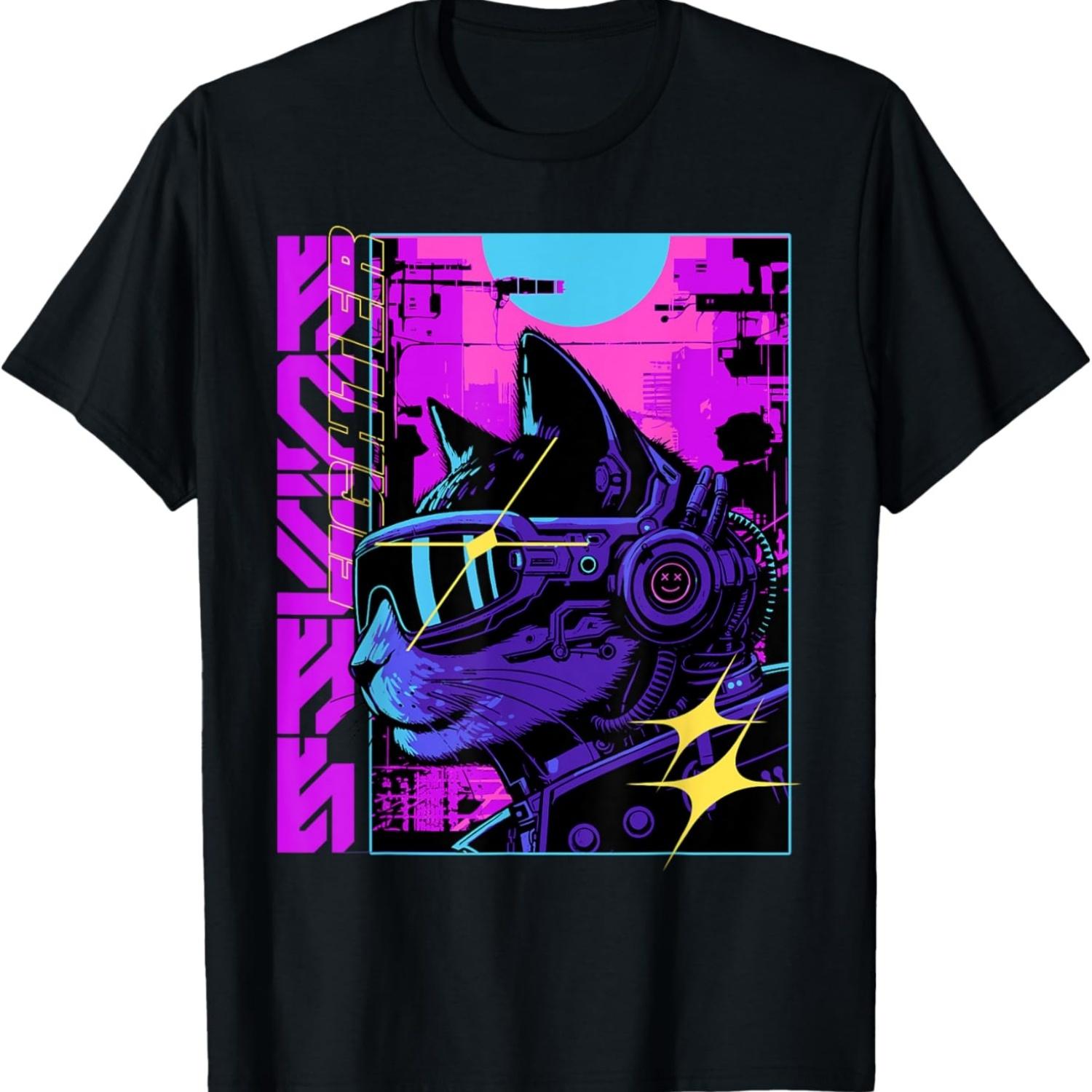 Киберпанк Футуристический Кот Киборг Дистопия Техно-одежда Футболка для Мужчин Женщин Детей S чёрный