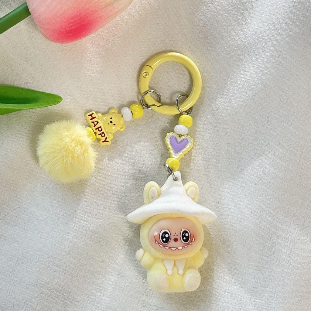 Flocking Labubu Doll Keychain - Cute 3-Year-Old Grain Doll DIY Mobile Phone Jewelry Accessory