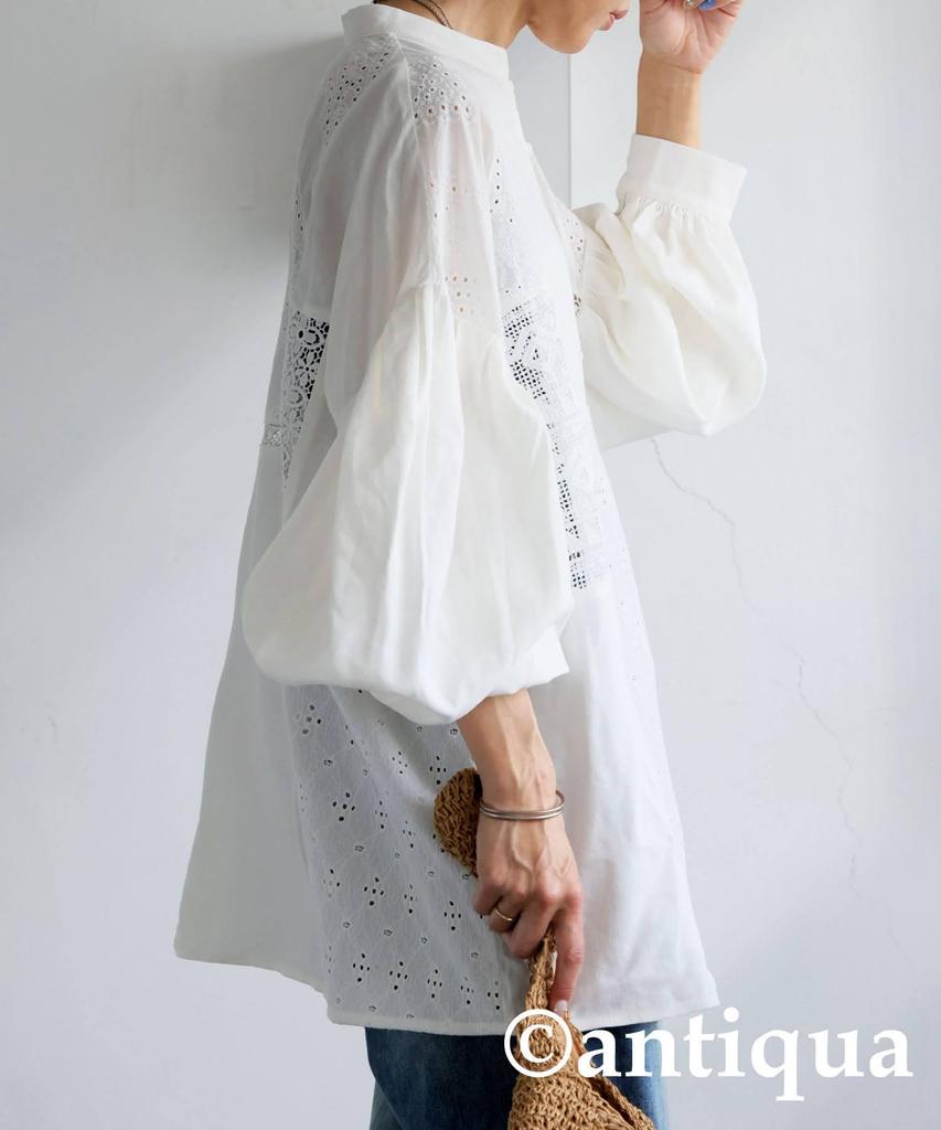 Antiqua Lace Docking Long Size Women's Shirt, Sleeve, PY-00814, F, 49, Off-White
