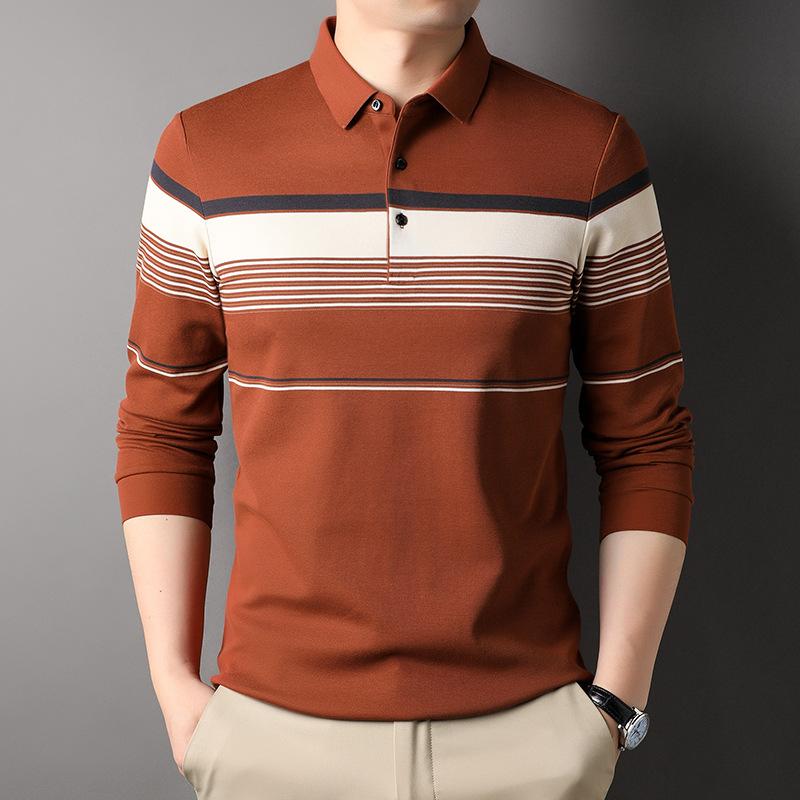 

Осенняя новая мужская одежда среднего возраста с лацканами, повседневная многоцветная рубашка поло, мужская полосатая футболка с длинным рукавом из хлопка XXXL