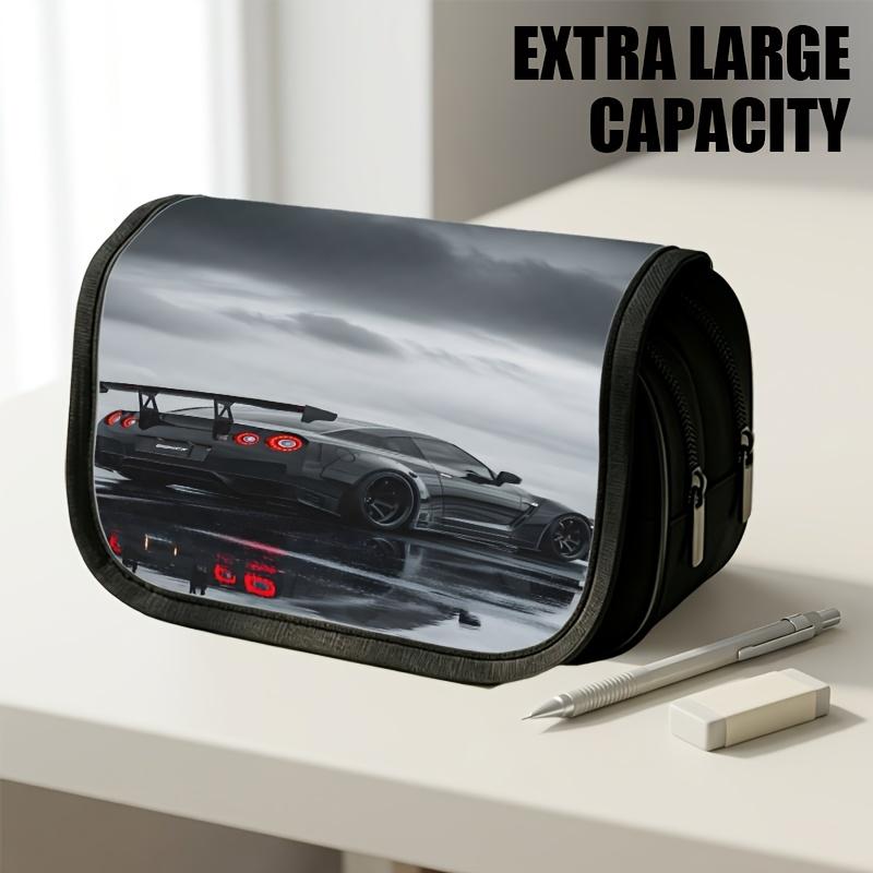 1pc Double Layer Flip Pencil Case, Black Sports Car Wet Pavement Stormy Sky, Large Capacity, Portable Polyester Pen Storage Bag with Zipper Closure, I