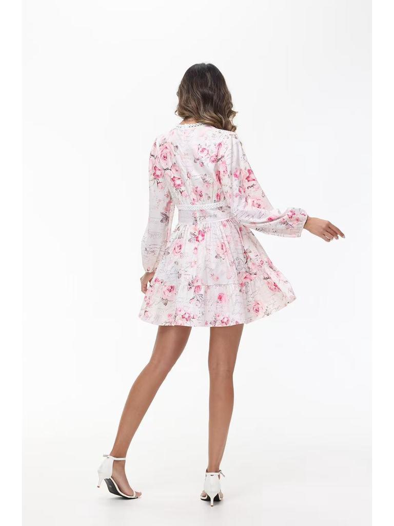 2025 Spring Sweet Print V-neck Lace Short Dress for Women