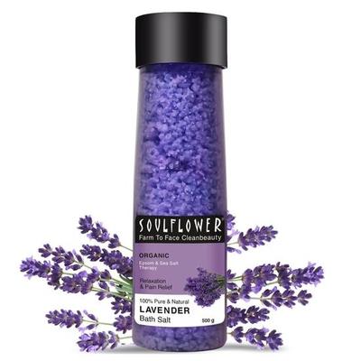 Soulflower Epsom Lavendel Badesalz für Körper- & Fußbad, Beruhigend, Entspannend, Linderung von Muskelschmerzen, Aromatherapie| Vitamin E, 500g (Packung mit 1)