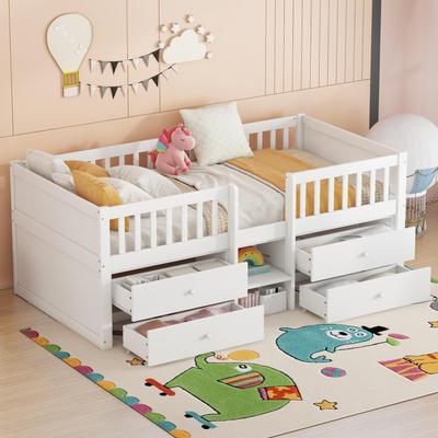 Children's Bed 90x200 Cm with Storage Space, Wooden Bed with Slatted Frame & 4 Drawers, Youth Bed with Ladder and Fall Protection - Solid Pine Wood, Without Mattress