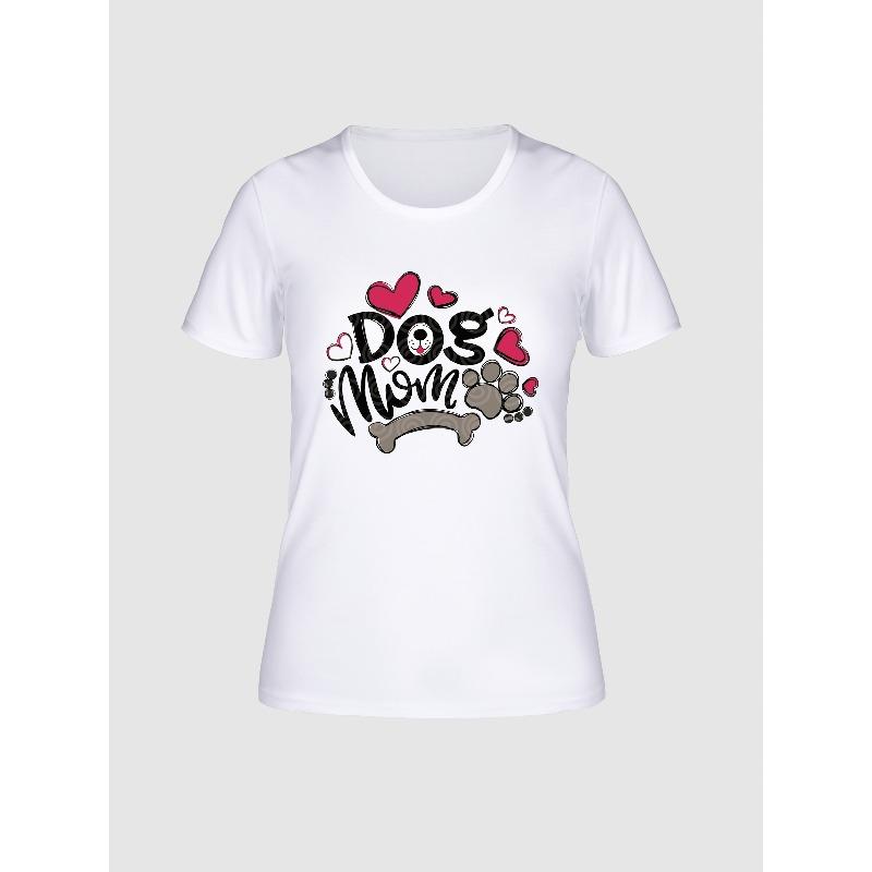 Dog Mom, Dog Bones, Love Letter Print Short Sleeve T-Shirt, Casual Comfortable Women's T-Shirt