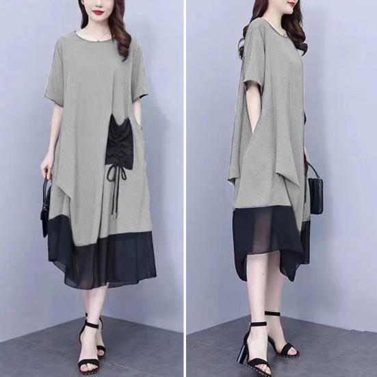 Vestito estivo da donna, taglie forti, in rete, patchwork, scollo rotondo, manica corta, tasca con toppa abbinata, coulisse, casual, da donna, midi, per pendolarismo